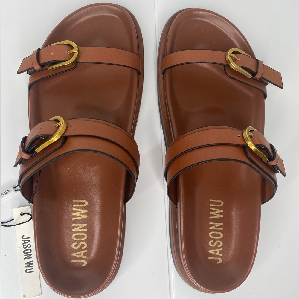 Jason Wu NWT Rhonda Brown Slide Sandals with Gold Accents. - Picture 5 of 7
